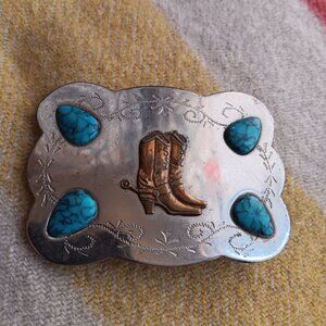 Vintage Cowboy Belt Buckle Faux Turquoise Stones Western Boot 1970's Hippie